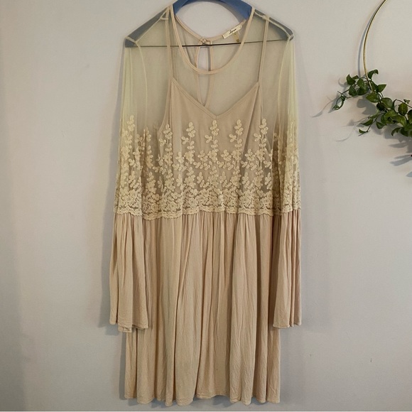 Soprano Tan Mesh Top Mini Dress with Long Bell Sleeves - Picture 2 of 12